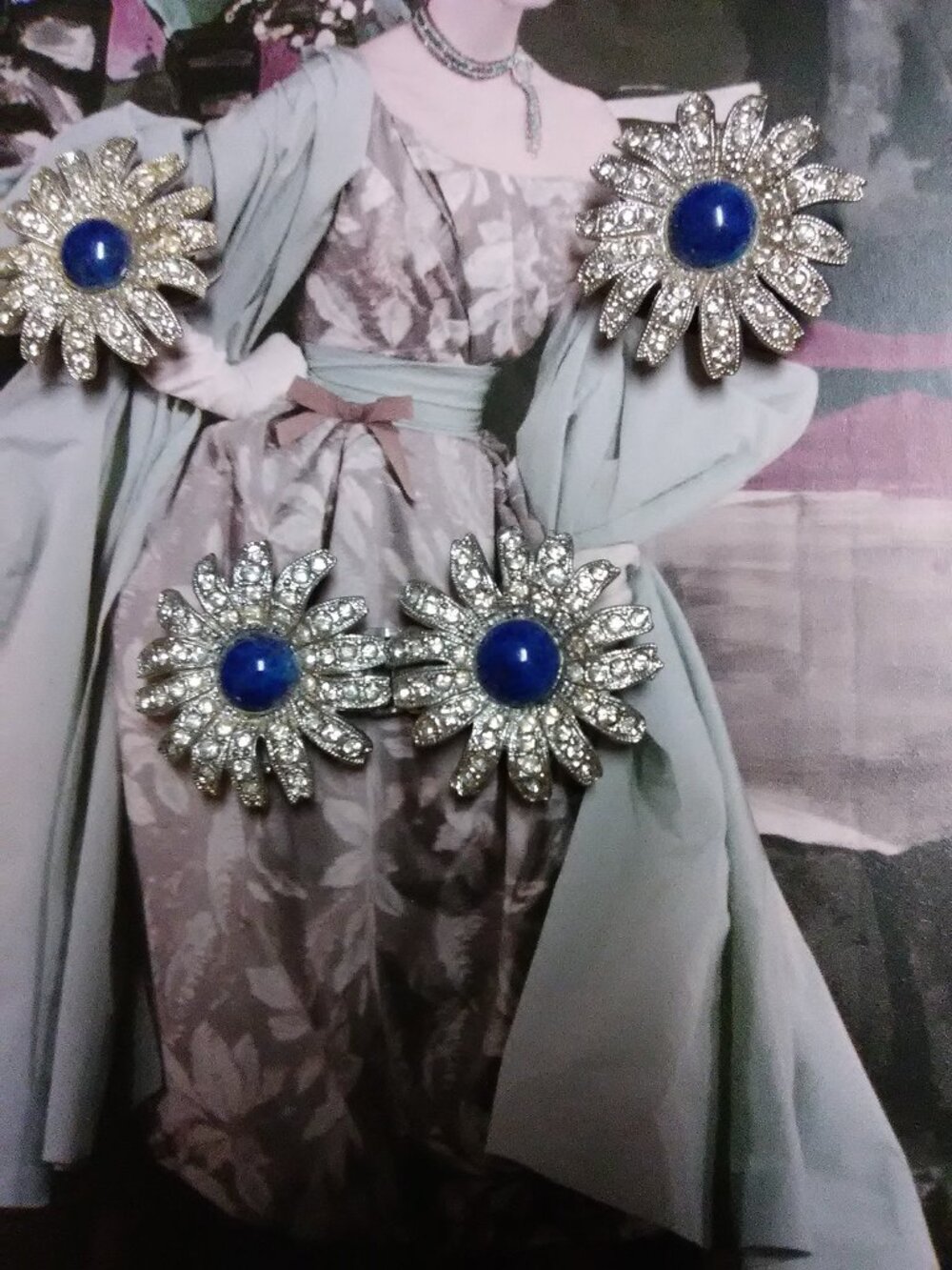 Vintage antique pair of dress clips and matching sash buckle all stones intact